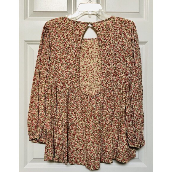 AMERICA EAGLE WOMEN'S TOP SIZE M FLORAL LOG SLEEVES OPEN BACK BOHO PEPLUM TUNIC - Picture 4 of 9